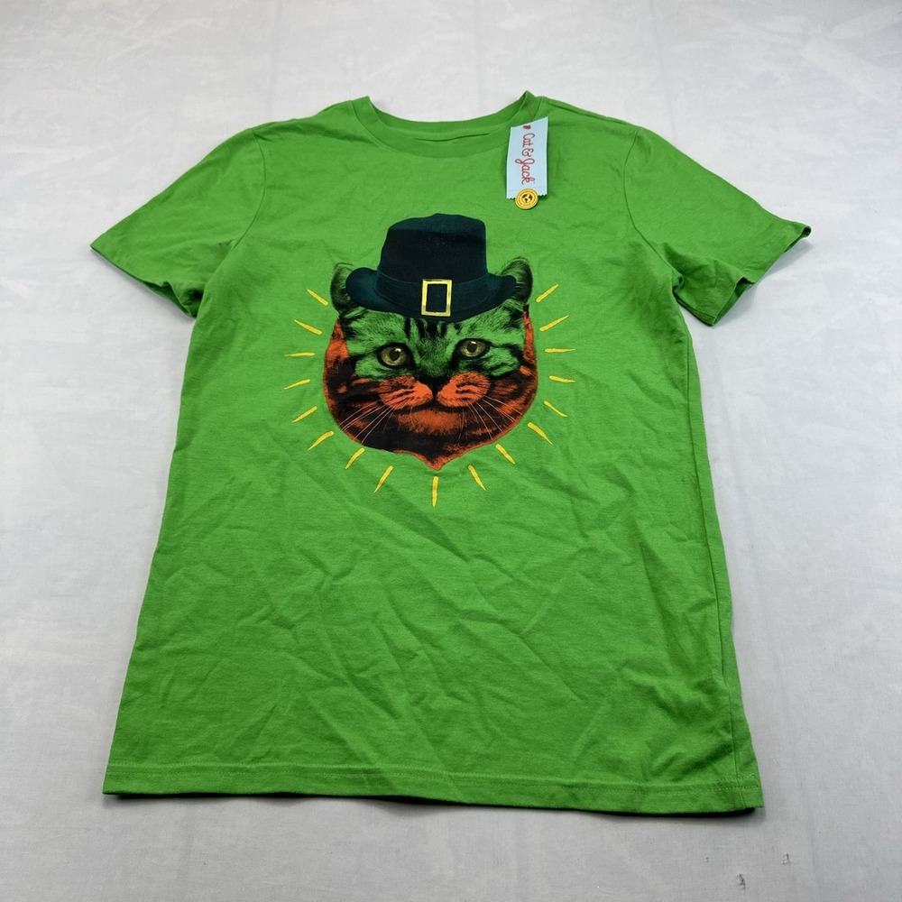 Cat & Jack Girls XL 16 Green Thanksgiving Pilgrim Cat Tee NWT